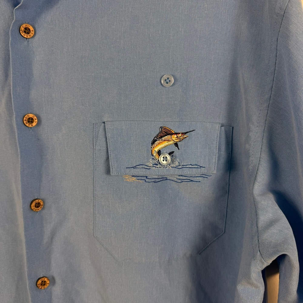RARE* VTG Bamboo Cay Blue Button-Up Shirt Tropical L Hidden Embroidered Pocket